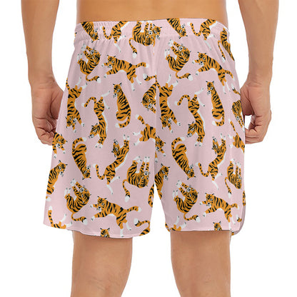 Cute Tiger Pattern Print Men's Split Running Shorts