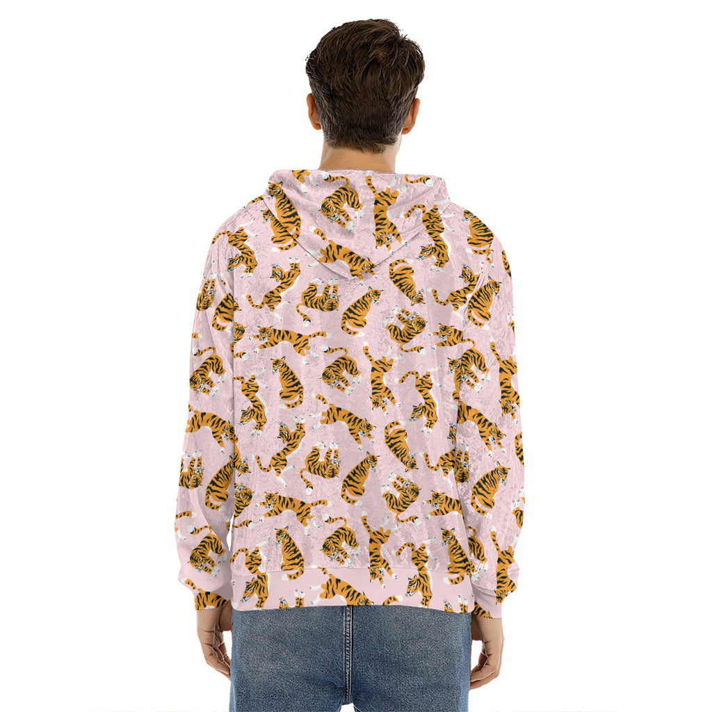 Cute Tiger Pattern Print Men's Velvet Pullover Hoodie