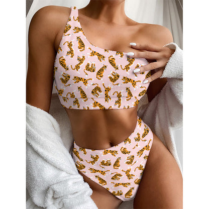 Cute Tiger Pattern Print One Shoulder Bikini Top