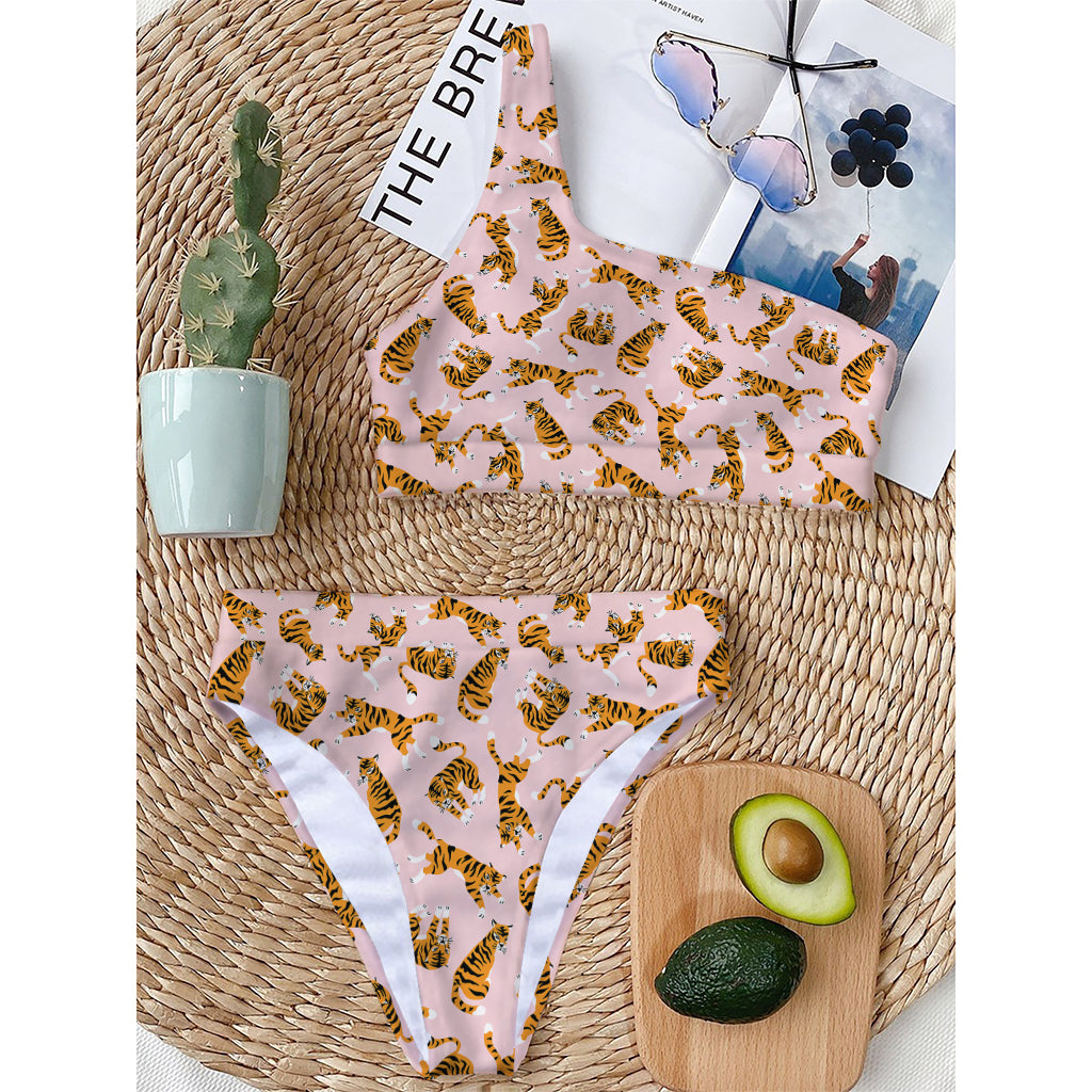 Cute Tiger Pattern Print One Shoulder Bikini Top