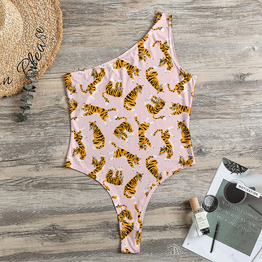 Cute Tiger Pattern Print One Shoulder Bodysuit