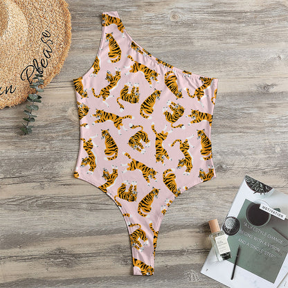 Cute Tiger Pattern Print One Shoulder Bodysuit