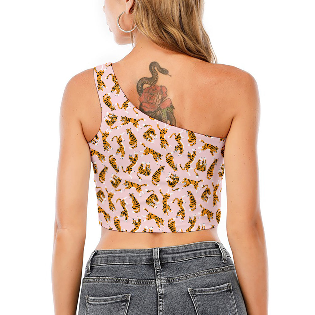 Cute Tiger Pattern Print One Shoulder Crop Top
