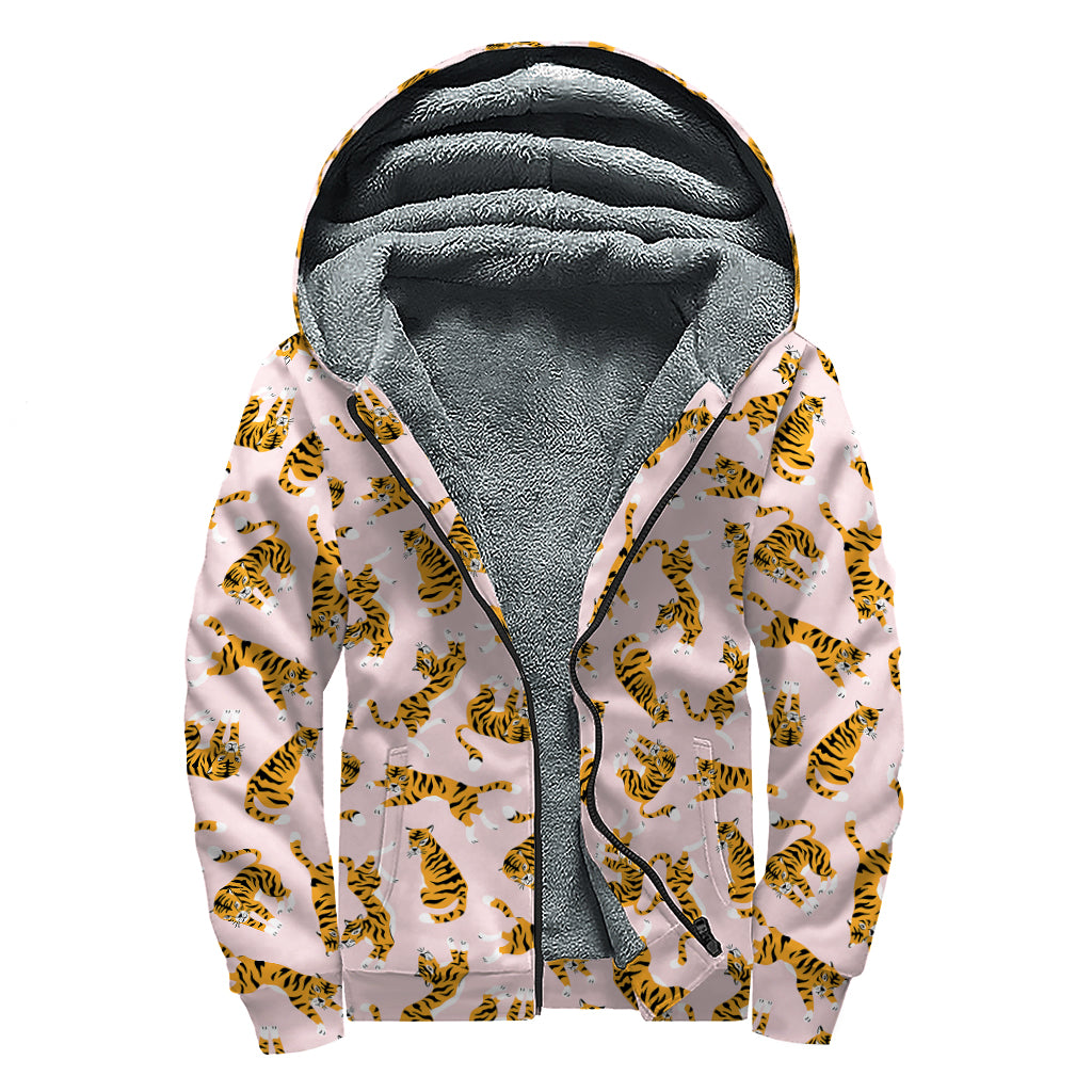Cute Tiger Pattern Print Sherpa Lined Zip Up Hoodie