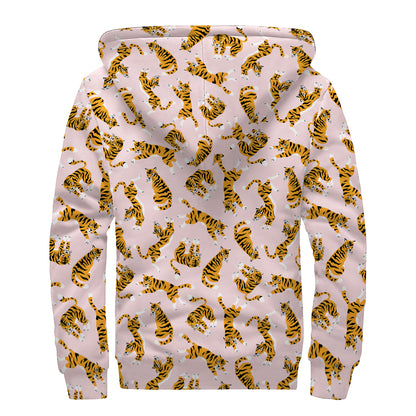 Cute Tiger Pattern Print Sherpa Lined Zip Up Hoodie