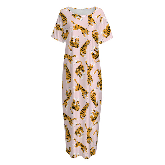 Cute Tiger Pattern Print Short Sleeve Long Nightdress