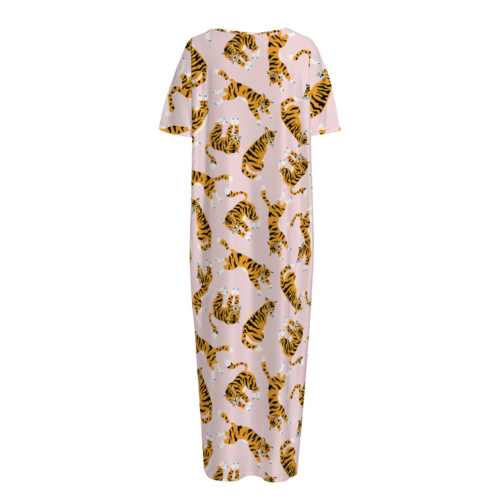 Cute Tiger Pattern Print Short Sleeve Long Nightdress