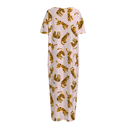Cute Tiger Pattern Print Short Sleeve Long Nightdress