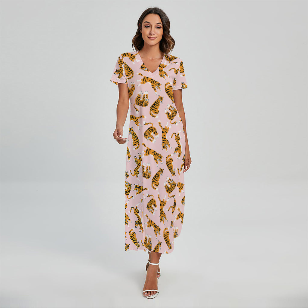 Cute Tiger Pattern Print Short Sleeve Maxi Dress