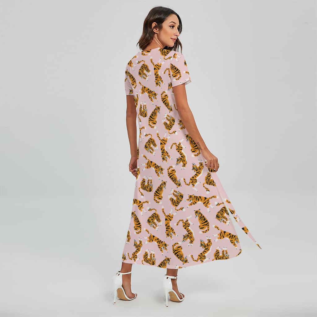 Cute Tiger Pattern Print Short Sleeve Maxi Dress