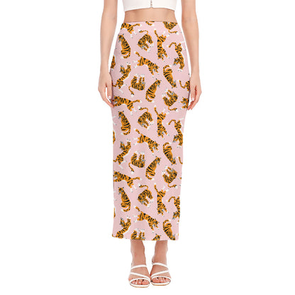 Cute Tiger Pattern Print Side Slit Maxi Skirt