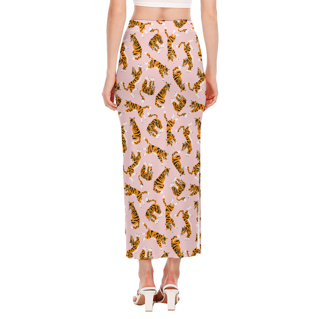 Cute Tiger Pattern Print Side Slit Maxi Skirt