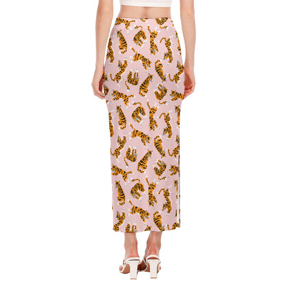 Cute Tiger Pattern Print Side Slit Maxi Skirt