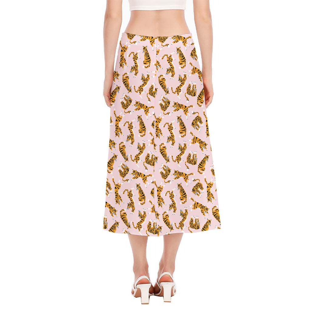 Cute Tiger Pattern Print Side Slit Midi Skirt