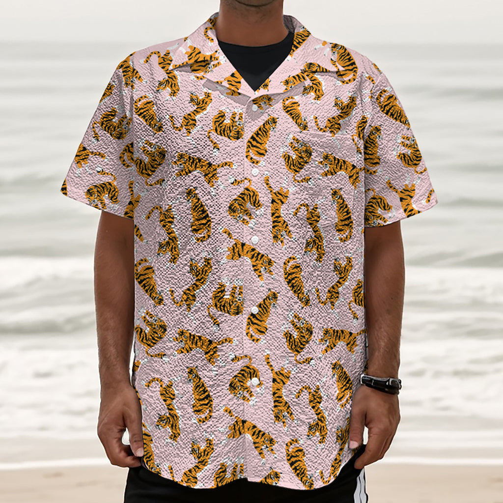 Cute Tiger Pattern Print Textured Short Sleeve Shirt