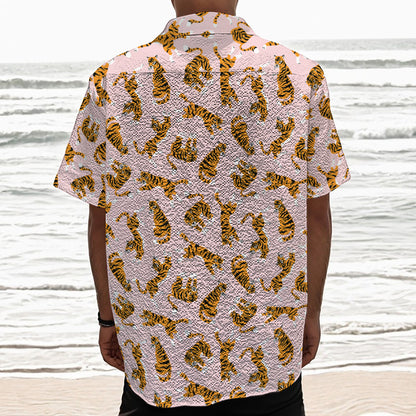 Cute Tiger Pattern Print Textured Short Sleeve Shirt