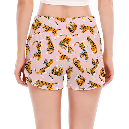 Cute Tiger Pattern Print Women's Split Running Shorts