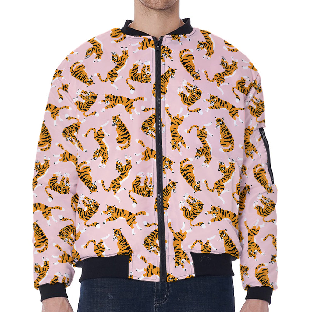 Cute Tiger Pattern Print Zip Sleeve Bomber Jacket