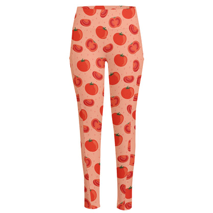 Cute Tomato Pattern Print High-Waisted Pocket Leggings