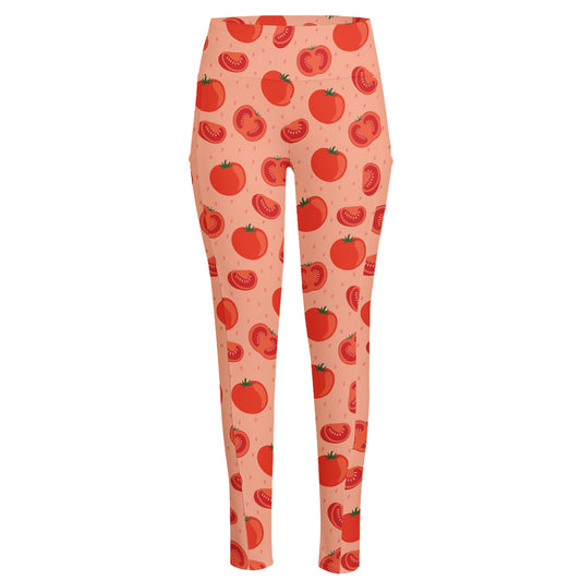 Cute Tomato Pattern Print High-Waisted Pocket Leggings