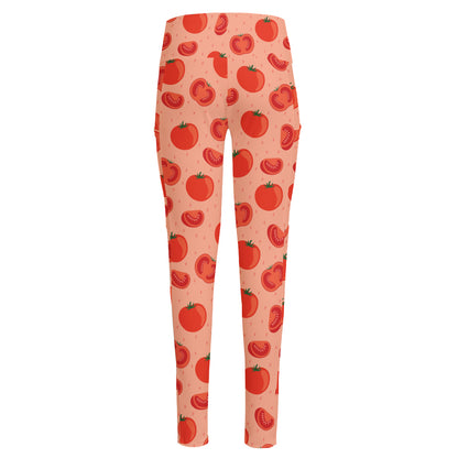 Cute Tomato Pattern Print High-Waisted Pocket Leggings