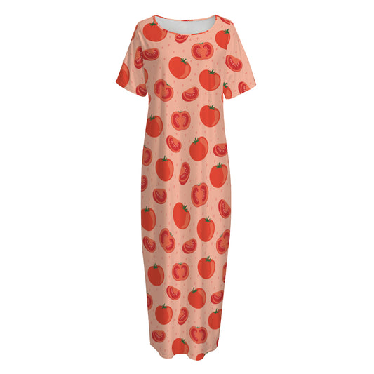 Cute Tomato Pattern Print Short Sleeve Long Nightdress