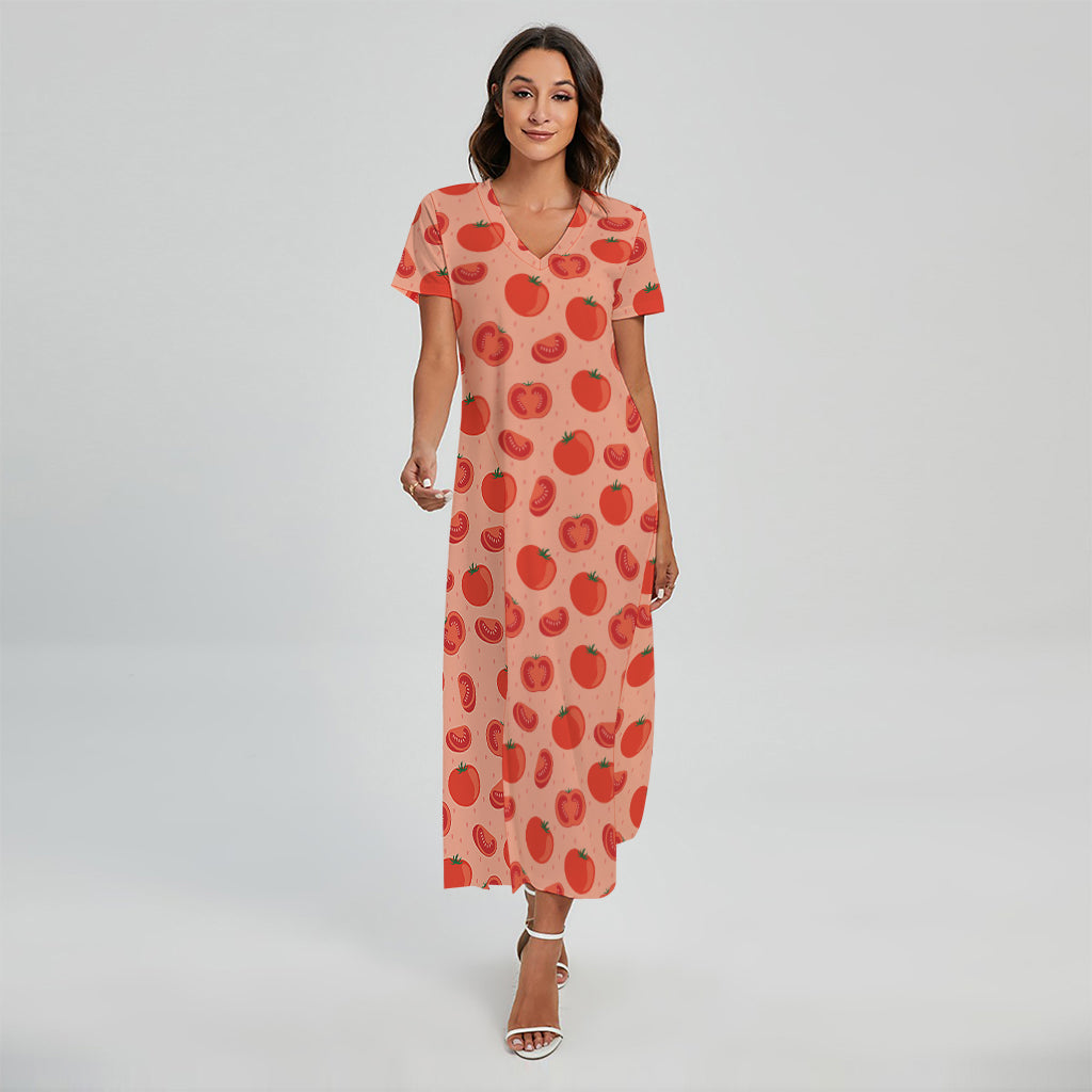 Cute Tomato Pattern Print Short Sleeve Maxi Dress