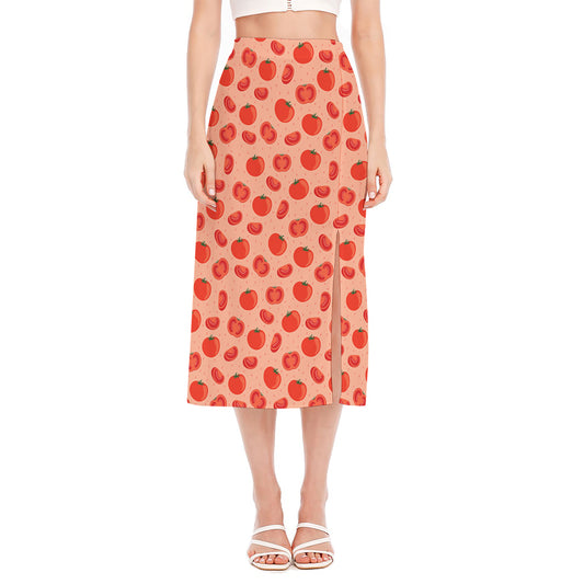 Cute Tomato Pattern Print Side Slit Midi Skirt