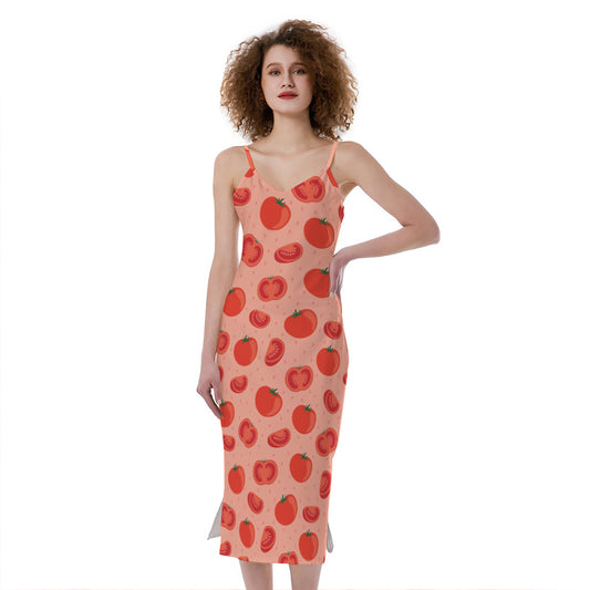 Cute Tomato Pattern Print Slim Fit Midi Cami Dress