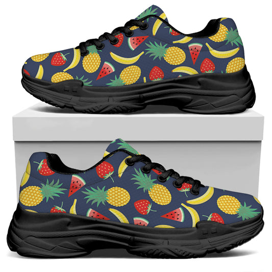 Cute Tropical Fruits Pattern Print Black Chunky Shoes