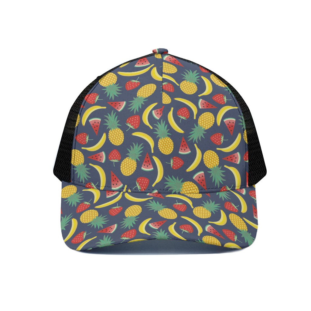 Cute Tropical Fruits Pattern Print Black Mesh Trucker Cap