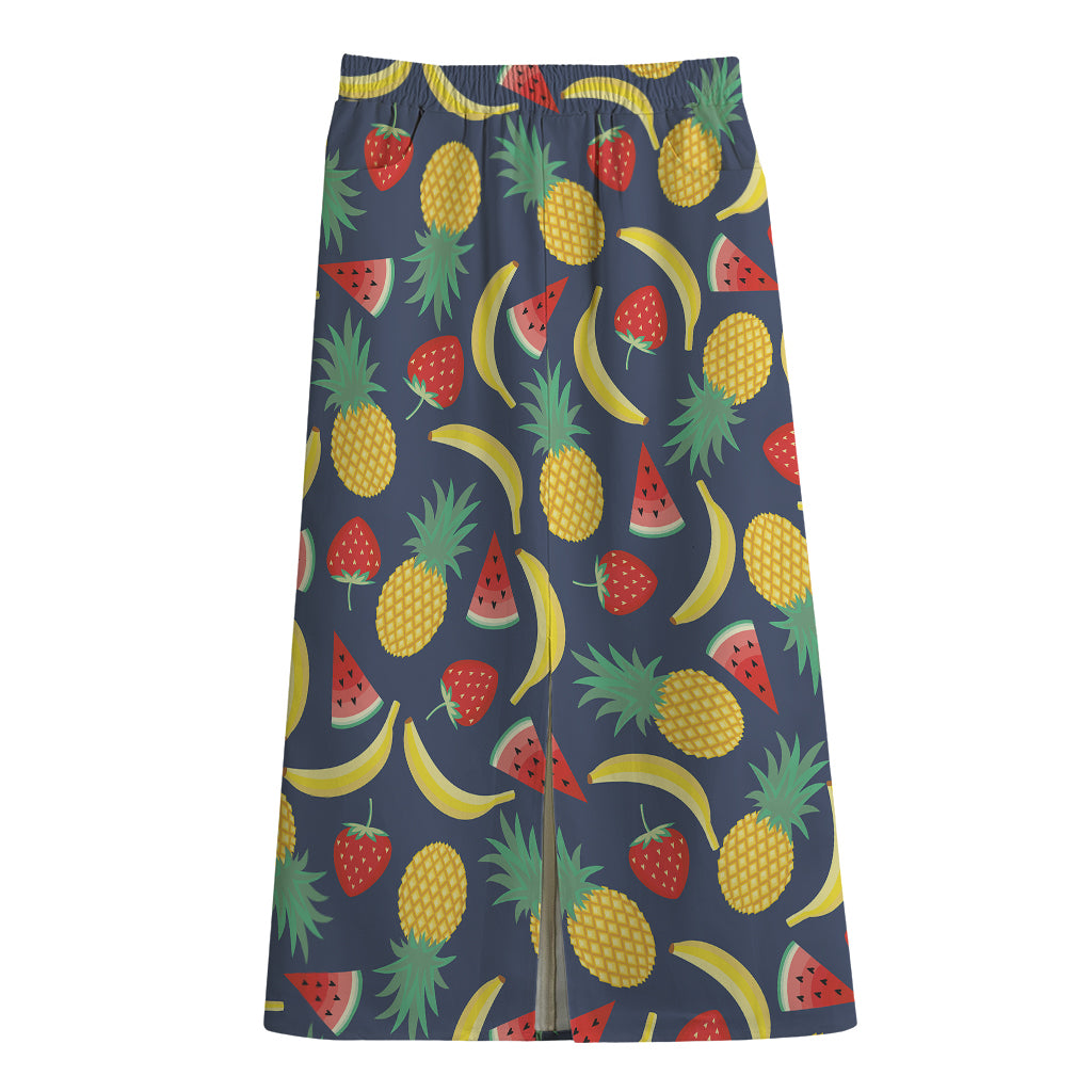 Cute Tropical Fruits Pattern Print Cotton Front Slit Maxi Skirt