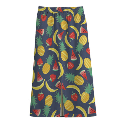 Cute Tropical Fruits Pattern Print Cotton Front Slit Maxi Skirt