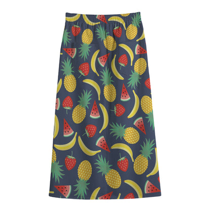 Cute Tropical Fruits Pattern Print Cotton Front Slit Maxi Skirt