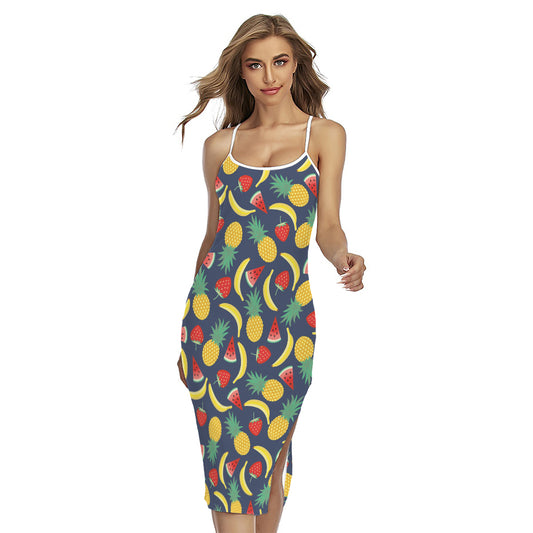 Cute Tropical Fruits Pattern Print Cross Back Cami Dress