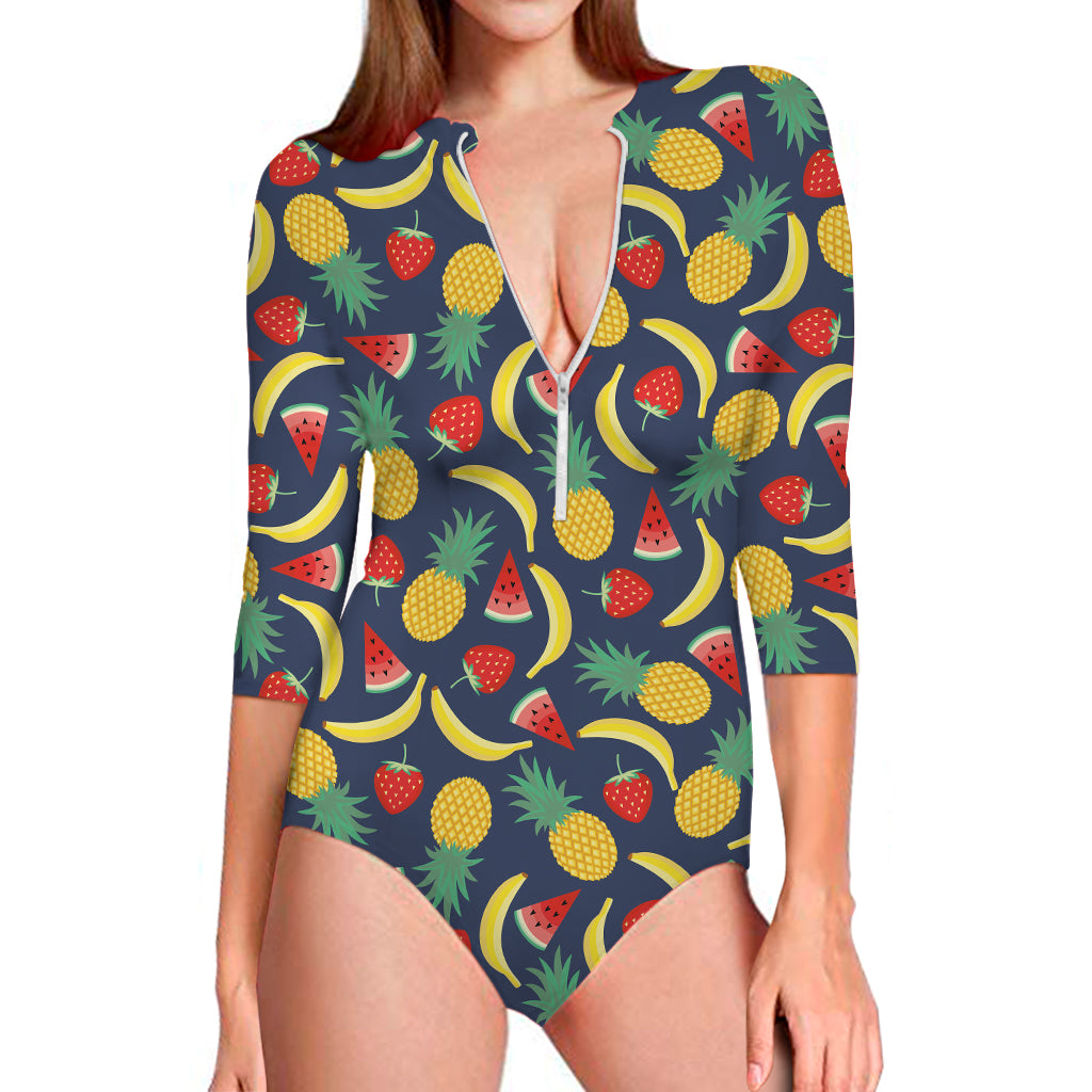 Cute Tropical Fruits Pattern Print Long Sleeve Swimsuit