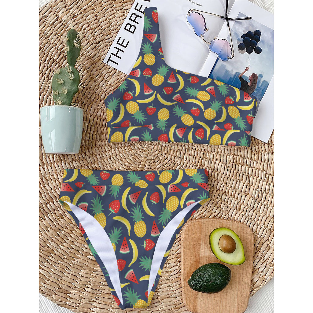 Cute Tropical Fruits Pattern Print One Shoulder Bikini Top