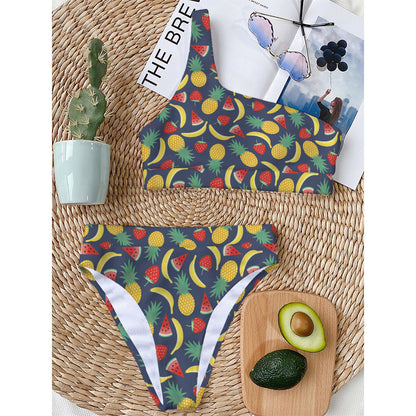 Cute Tropical Fruits Pattern Print One Shoulder Bikini Top