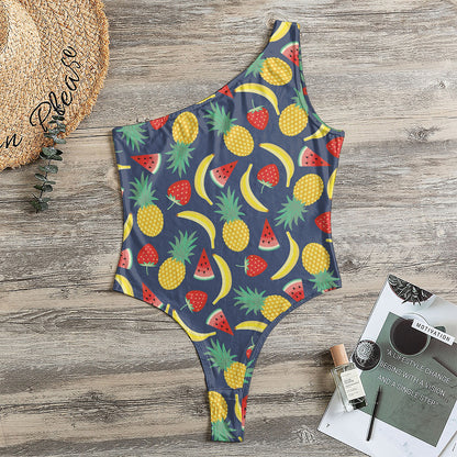 Cute Tropical Fruits Pattern Print One Shoulder Bodysuit