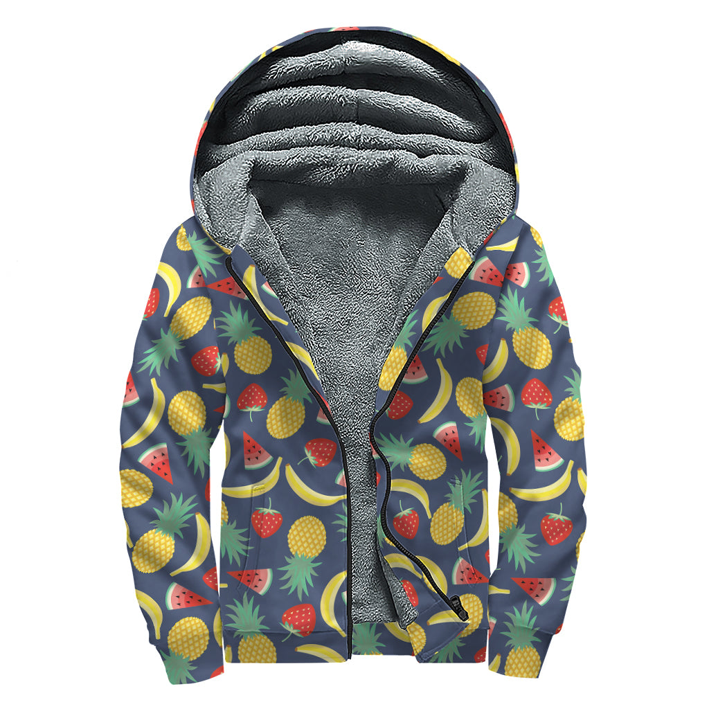 Cute Tropical Fruits Pattern Print Sherpa Lined Zip Up Hoodie