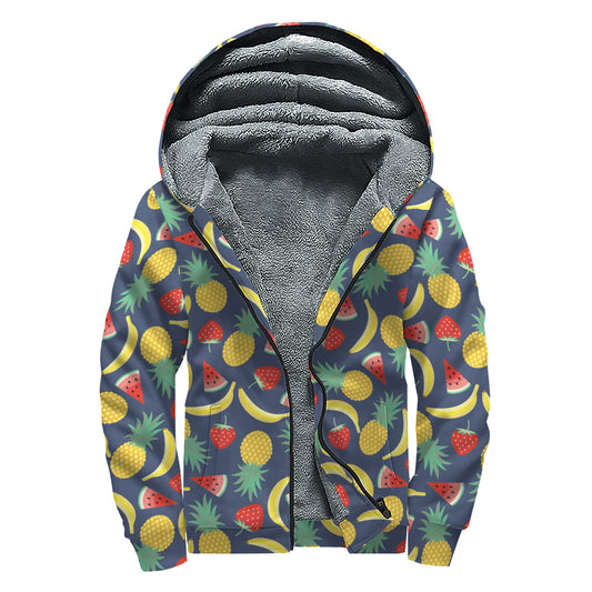 Cute Tropical Fruits Pattern Print Sherpa Lined Zip Up Hoodie