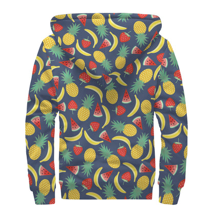 Cute Tropical Fruits Pattern Print Sherpa Lined Zip Up Hoodie