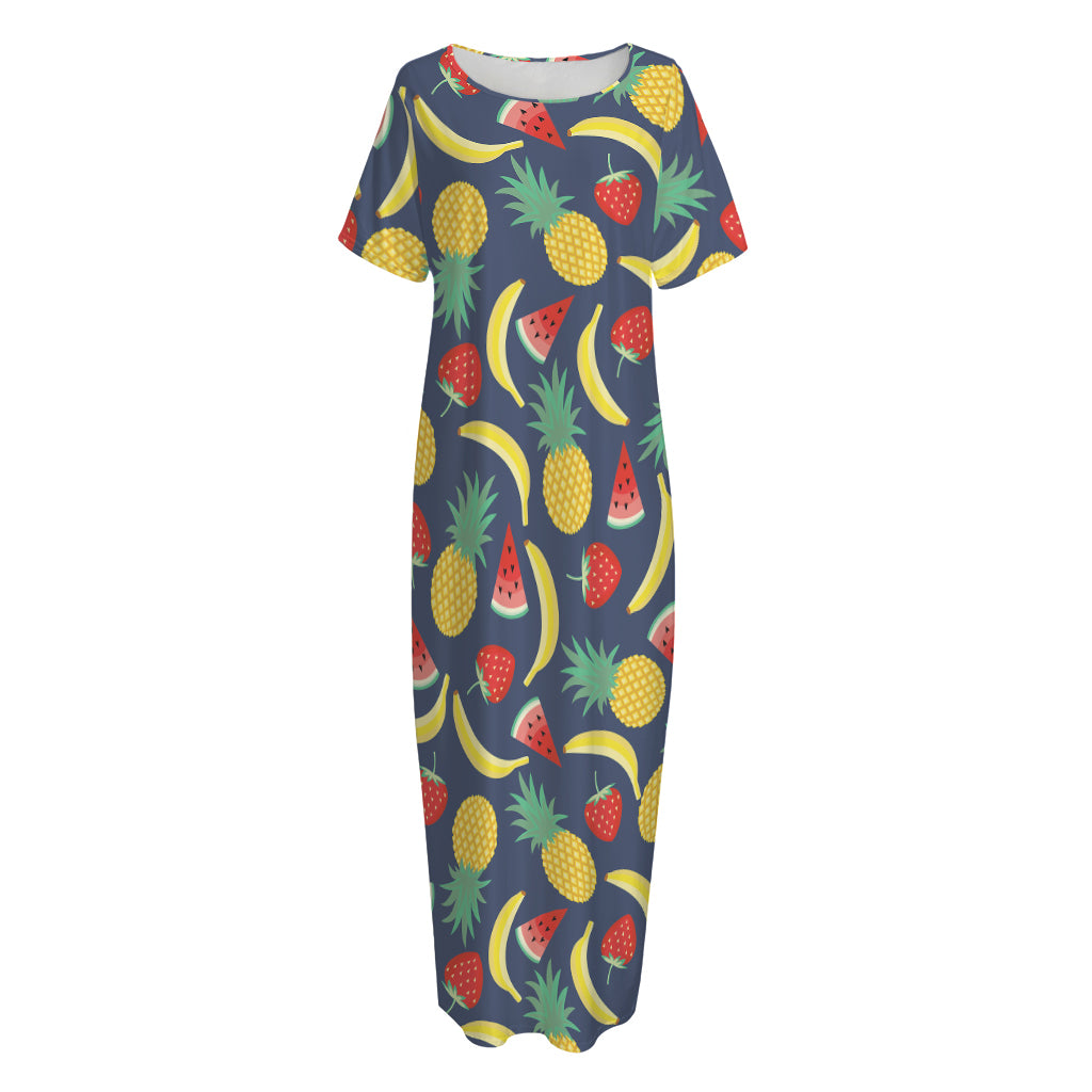 Cute Tropical Fruits Pattern Print Short Sleeve Long Nightdress