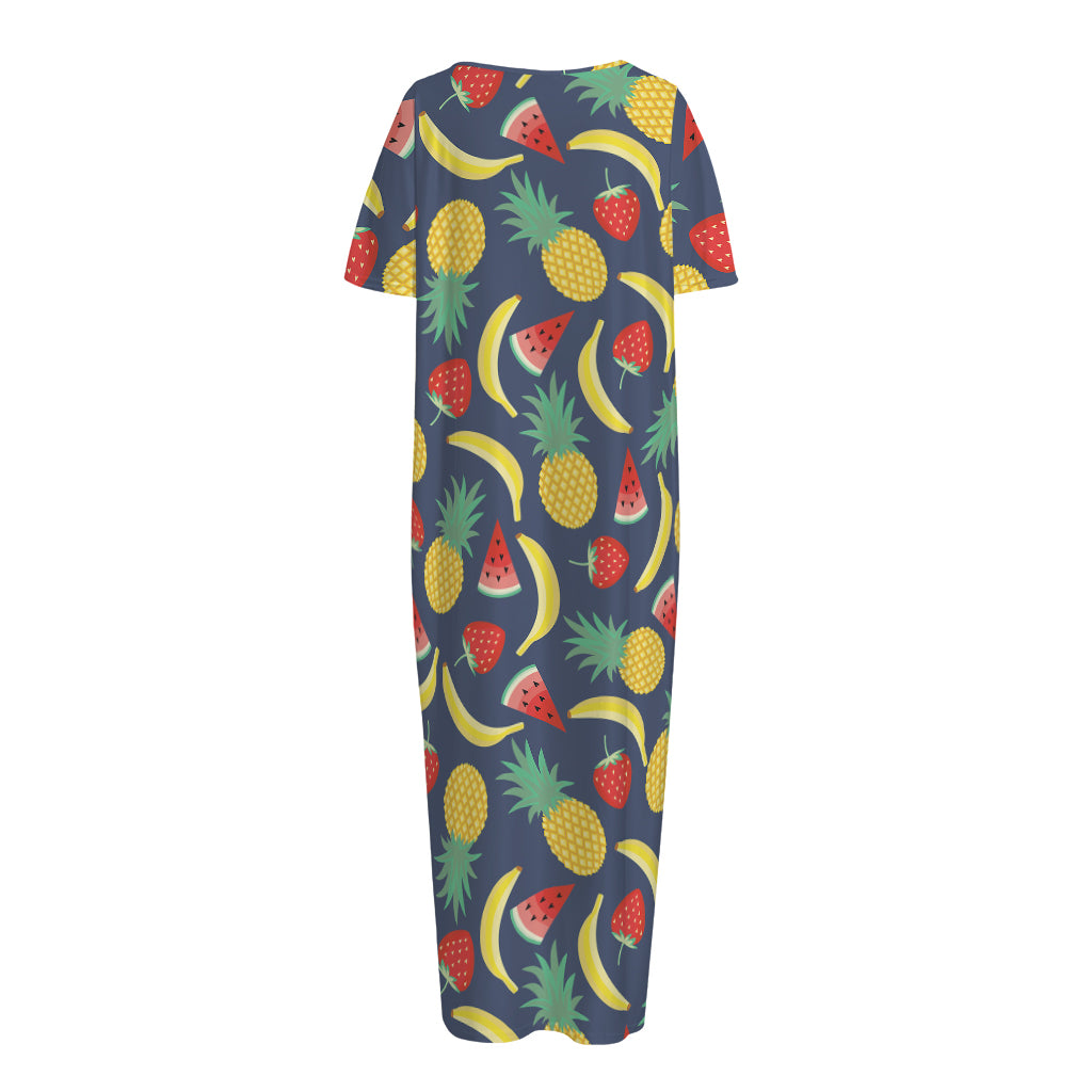 Cute Tropical Fruits Pattern Print Short Sleeve Long Nightdress