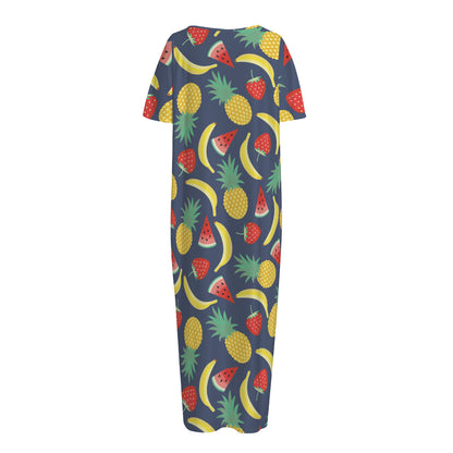 Cute Tropical Fruits Pattern Print Short Sleeve Long Nightdress