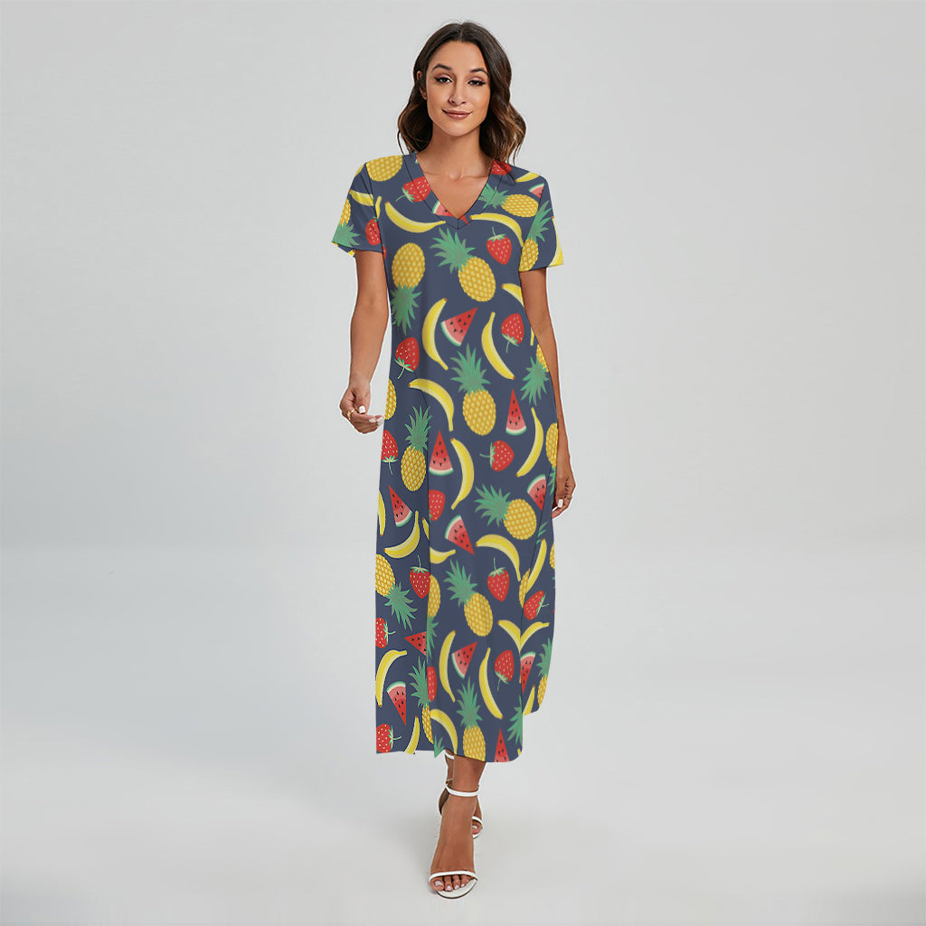 Cute Tropical Fruits Pattern Print Short Sleeve Maxi Dress