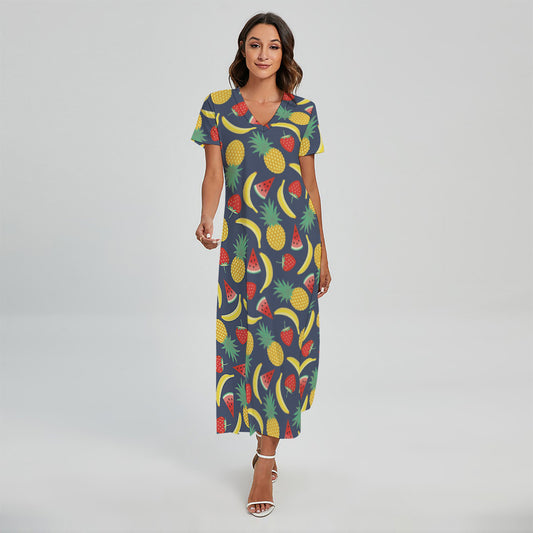 Cute Tropical Fruits Pattern Print Short Sleeve Maxi Dress