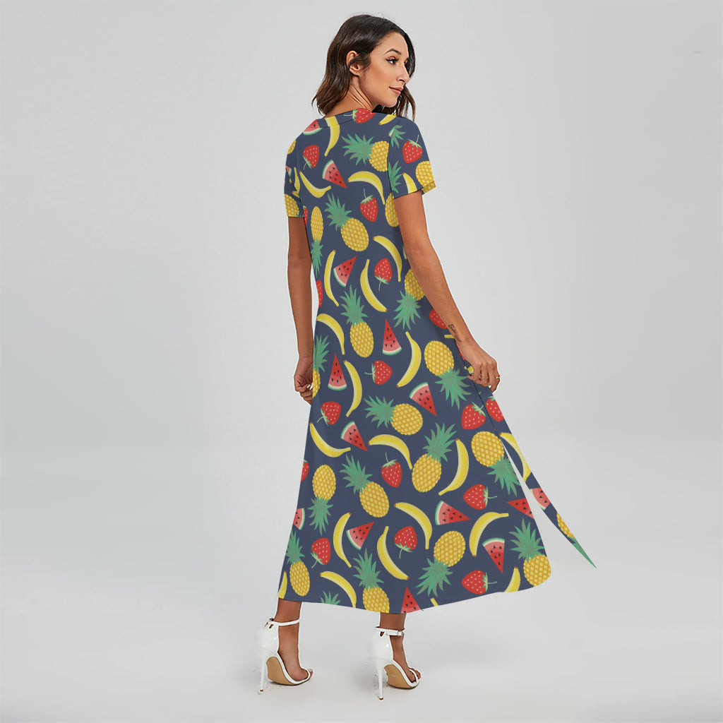 Cute Tropical Fruits Pattern Print Short Sleeve Maxi Dress