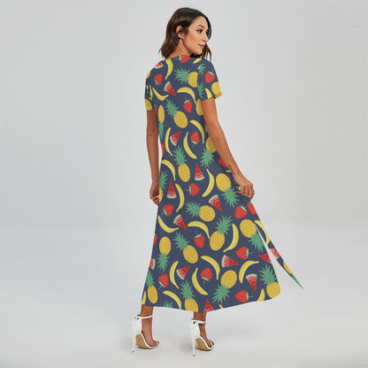 Cute Tropical Fruits Pattern Print Short Sleeve Maxi Dress
