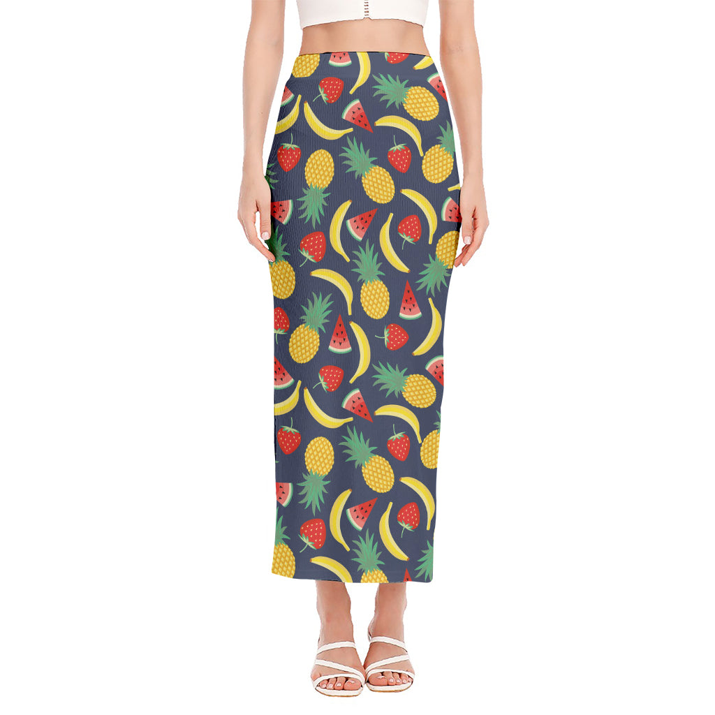 Cute Tropical Fruits Pattern Print Side Slit Maxi Skirt